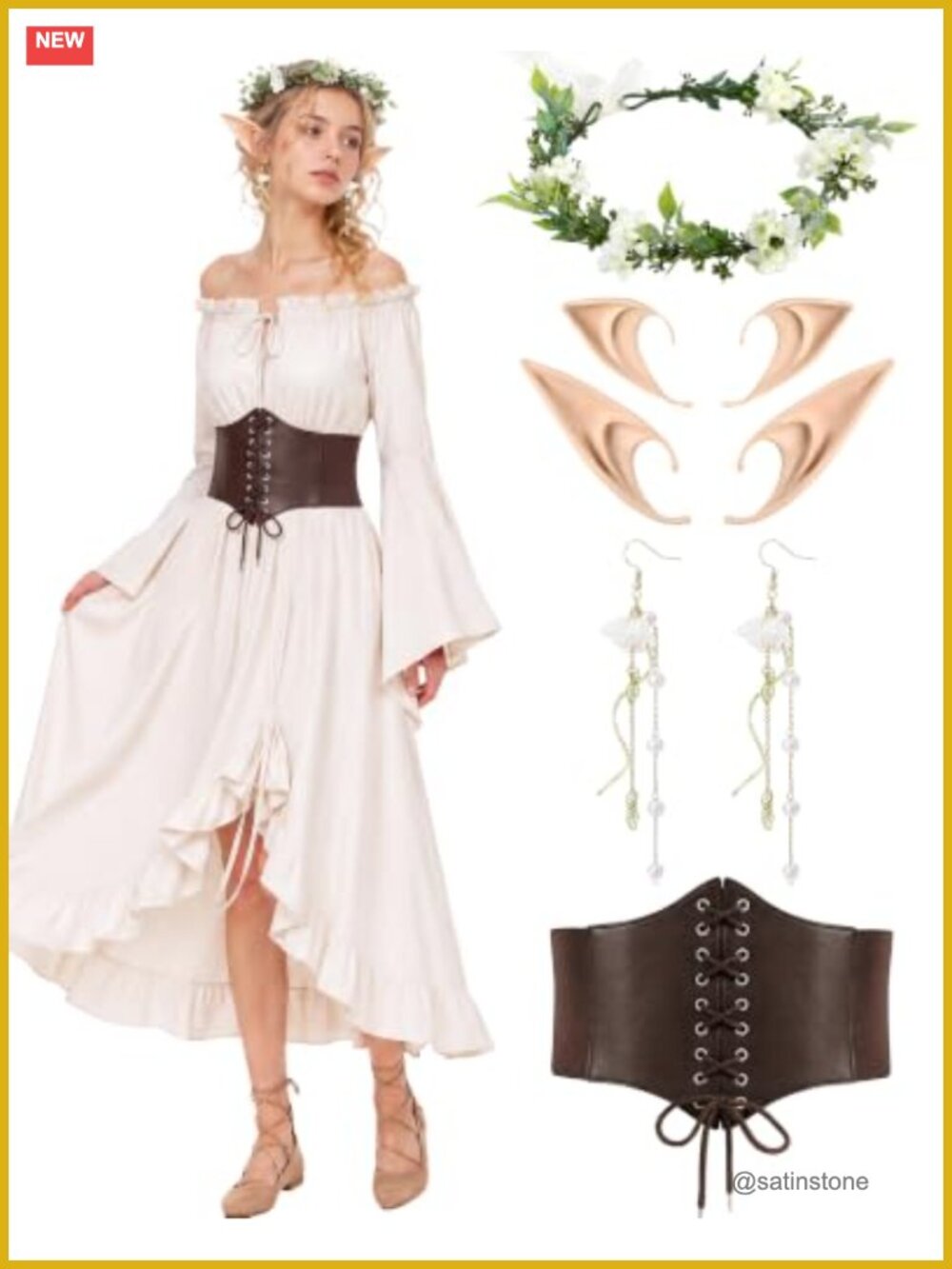 6-Piece Renaissance Fairy Costume Set Dress Corset Belt Flower Crown Elf Ears